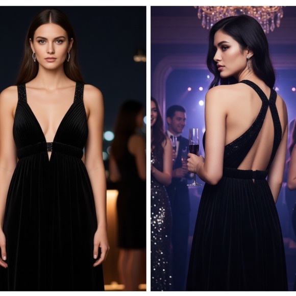 Aidan Mattox Dresses & Skirts - NWT AIDAN MATTOX Black Velvet Sequin Racerback Backless Cocktail Dress Cutout 6